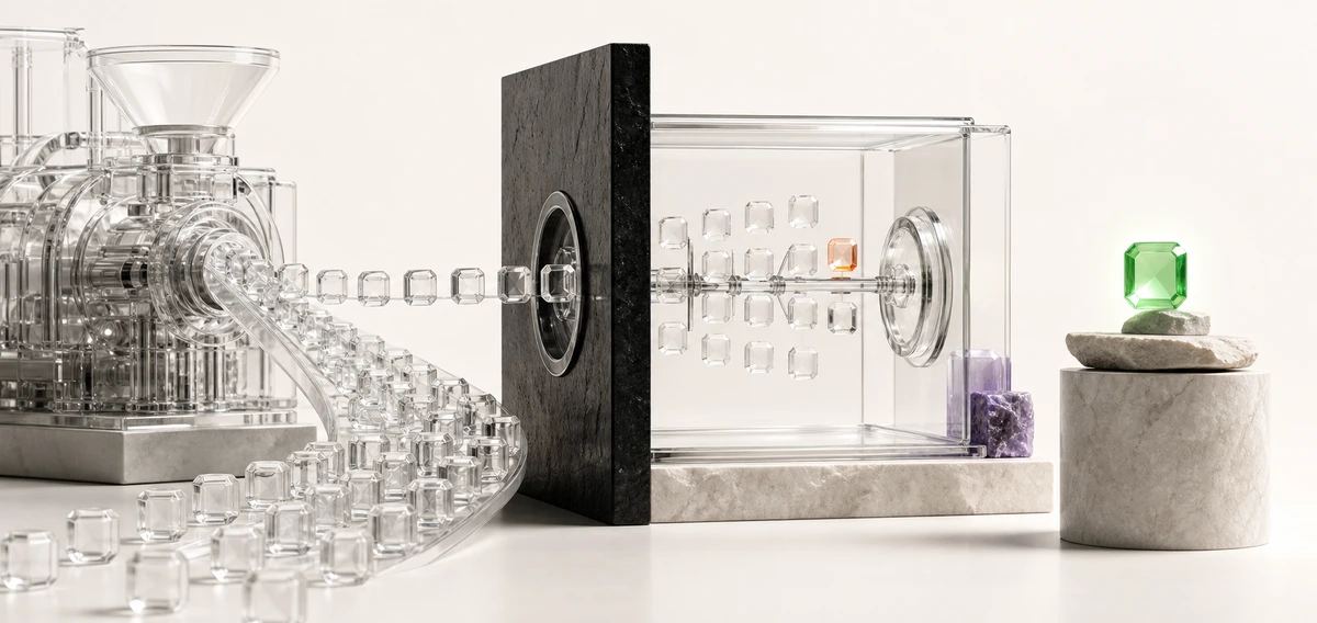 Máquina transparente que produce muchas piezas y un sistema de criterio selecciona una gema verde valiosa
