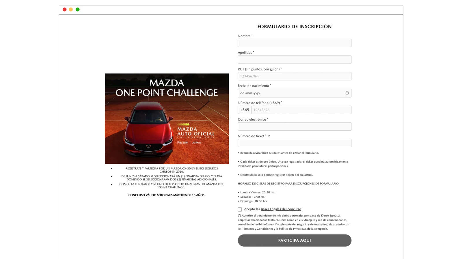 Landing de inscripción Mazda One Point Challenge para ChileOpen 2026
