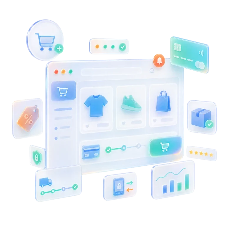 Ilustración tridimensional de una tienda online con catálogo, pagos y despacho