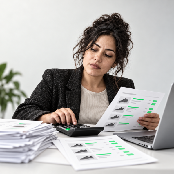 Ejecutiva preparando una cotización con calculadora, listas de precios y documentos.