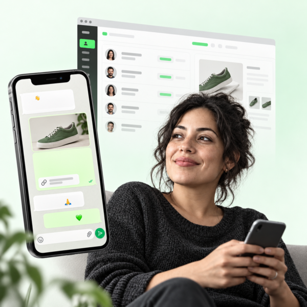 Emprendedora relajada junto a su asistente de WhatsApp y CRM, sobre un fondo degradado suave.